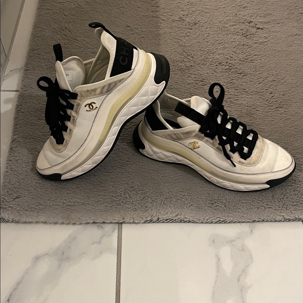 CHANEL White and Black Sneakers